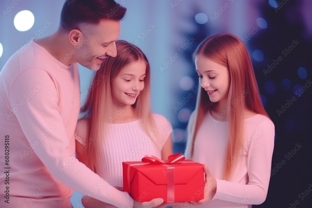 happy family with Merry Christmas magic gift near tree at evening at home happy family with Merry Christmas magic gift near tree at evening at home