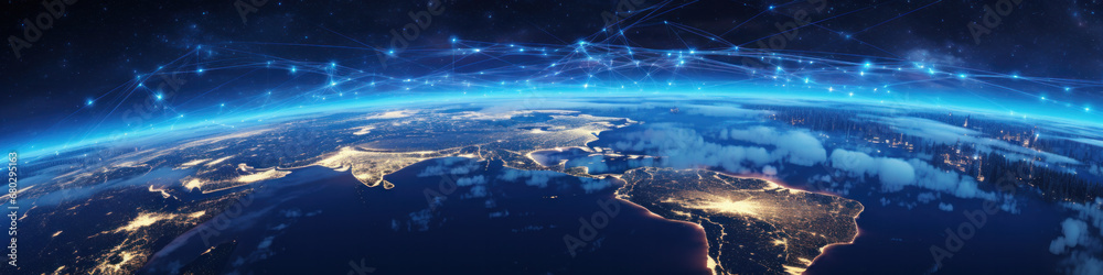 Communication technology with global internet network connected in Europe. Telecommunication and data transfer european connection links. IoT, finance, business, blockchain, security. - obrazy, fototapety, plakaty 