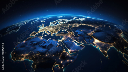 Fototapeta Naklejka Na Ścianę i Meble -  Communication technology with global internet network connected in Europe. Telecommunication and data transfer european connection links. IoT, finance, business, blockchain, security.