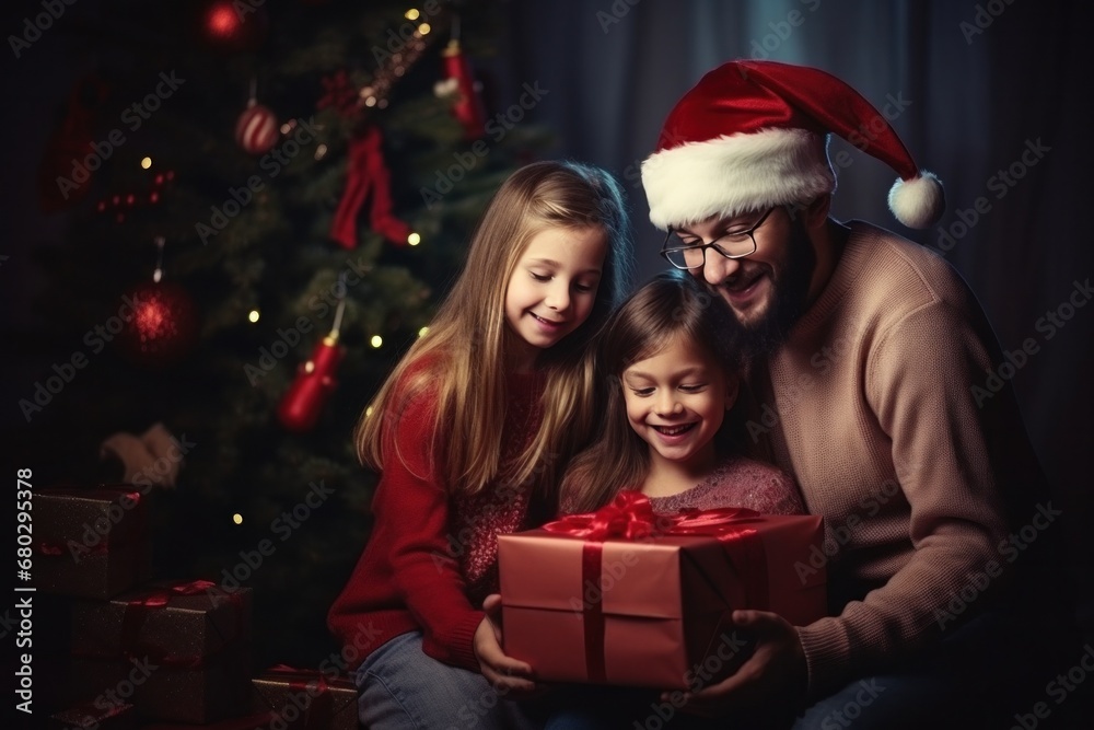 happy family with Merry Christmas magic gift near tree at evening at home happy family with Merry Christmas magic gift near tree at evening at home