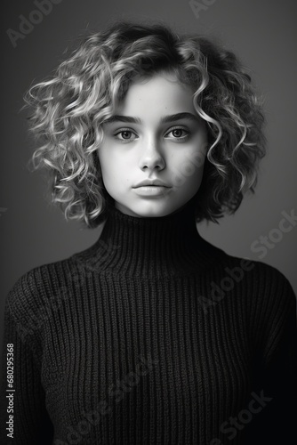 Front portrait Black and white film on a neutral background of a young girl with blond curly hair dressed in a black turtleneck sweater © ME_Photography