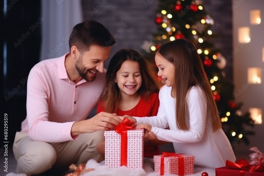 happy family with Merry Christmas magic gift near tree at evening at home