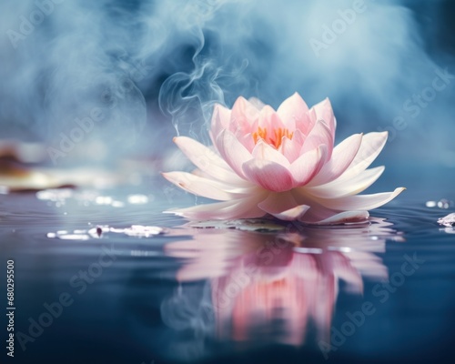 pink lotus flower floating on water on the blue background