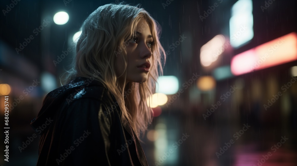 A gorgeous sad teenager female standing in the rain in an empty street, loneliness concept, rain drops, blond hair, mid of the night, dim theme