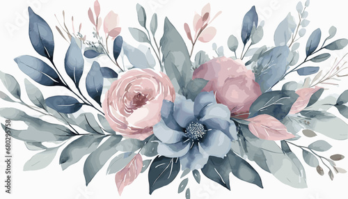 Watercolor vector floral illustration. Dusty blue, pink flowers and branches bouquet. Foliage arrangement for wedding, stationery, invitations, cards. Hand drawn illustration
