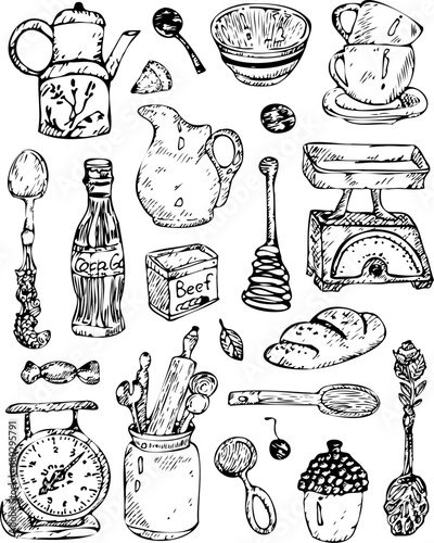 Vector kitchenware. Hand-drawn cooking icons. Spoons, pots, scales, cups ets.