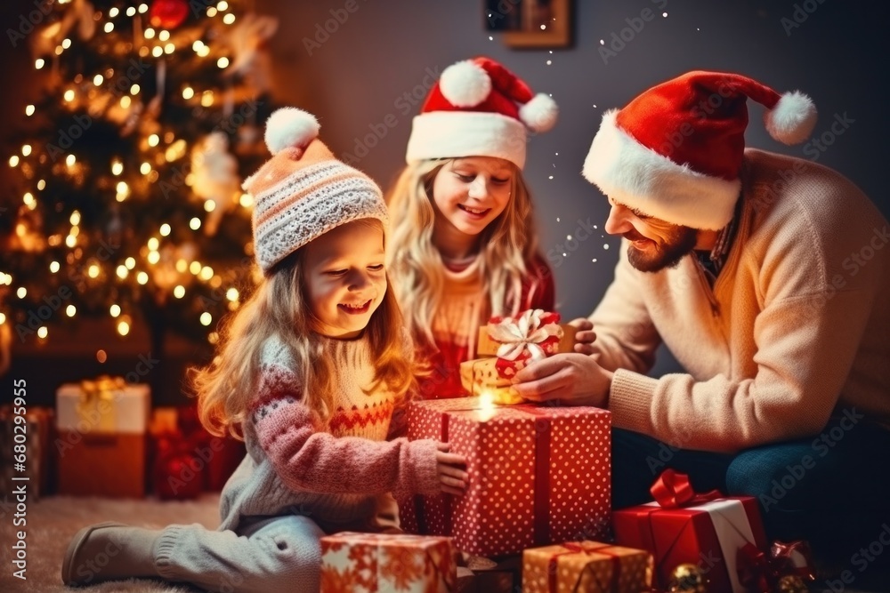 happy family with Merry Christmas magic gift near tree at evening at home happy family with Merry Christmas magic gift near tree at evening at home