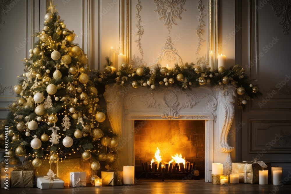 A beautifully decorated Christmas tree by the fireplace in a warm, festive home, radiating holiday spirit.
