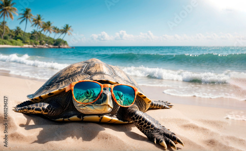 Turtle in sunglasses on the beach
