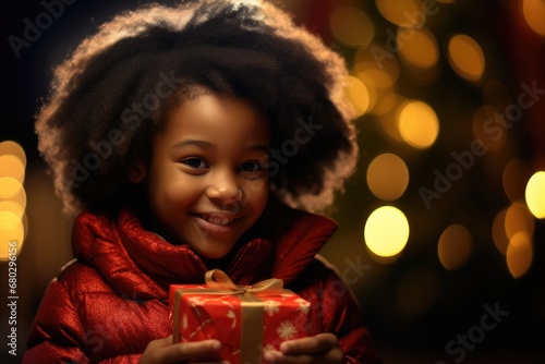 A young girl by the lights, opening a beautifully wrapped Christmas gift with a festive background. © Andrii Zastrozhnov