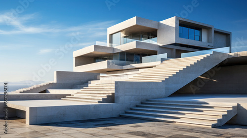 Generic geometric minimalist white architecture on a clear sunny day.