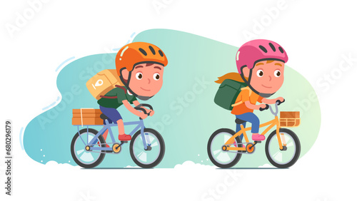 Courier boy, girl delivering orders by bicycle