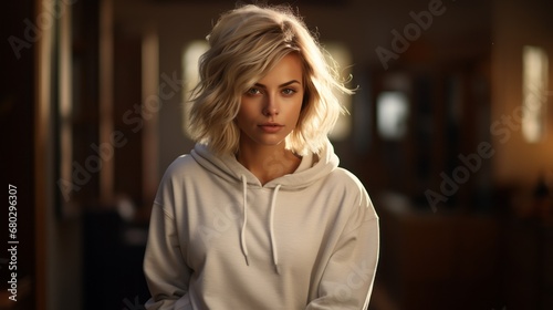 A photo of a blond hair 30-year-old women wearing blank sweatshirt, natural light and shadows