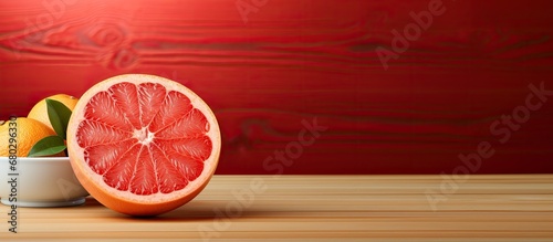 A ruby red grapefruit sits on a wooden table, representing the perfect fusion of nature and agriculture, a healthy fruit choice for a balanced diet packed with vitamins and fiber. photo