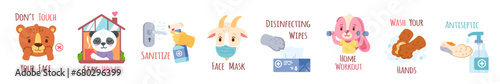 Cute animal children corona virus prevention measures set. Sanitiser, antiseptic, stay at home, wash hands, wear face mask, disinfecting wipes, Funny kids sticker poster. Flat vector illustration