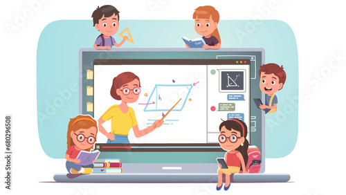 Distant education class concept. Kids watching remote interactive online webinar lesson with chat on laptop computer. Teacher explaining, children students learning remotely. Flat vector illustration