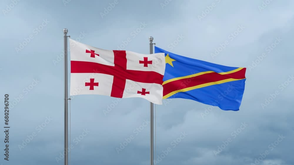 Democratic Republic of the Congo flag and Georgia flag waving together on cloudy sky, endless seamless loop, two country relations concept Democratic Republic of the Congo flag and Georgia flag waving together on cloudy sky, endless seamless loop, two country relations concept