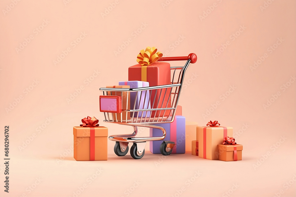 Supermarket cart with gift boxes with ribbons and bows. E commerce.