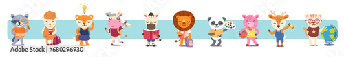 Animal student kids cartoon characters set. Funny fox, panda, lion, cat, zebra, cow, sheep, children elementary students with books, backpacks collection. Education concept flat vector illustration