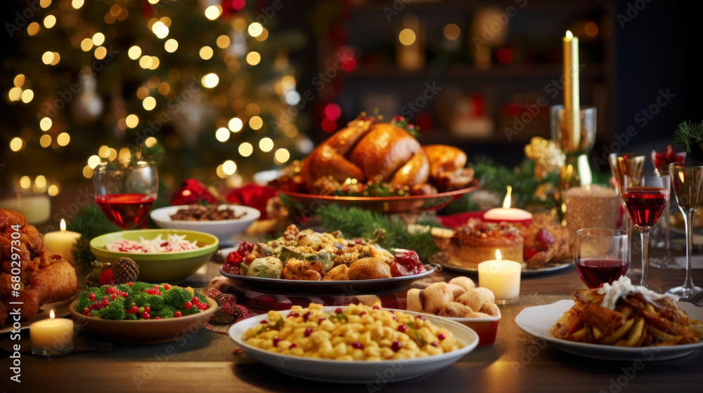 Christmas dinner table full of dishes with food and snacks, and a Christmas tree with garlands of lights in the background