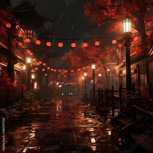 Chinese ancient town in a foggy autumn night, 3D rendering,Generative AI