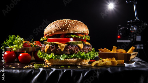 Burger american style, food photo, Commercial advertise, shot in studio with Flash light, hasselblad camera with 120mm F3.5 Macro. AI Generated. photo