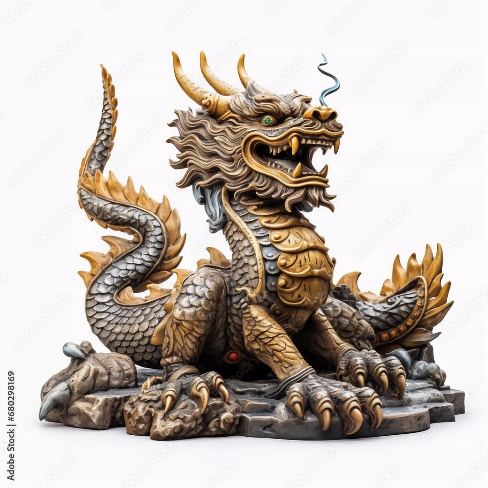 Fototapeta premium Thai Buddhism dragon statue with clipping path isolated on white background, AI generator
