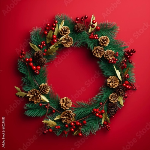 New Year's wreath made of coniferous spruce branches. New Year's decor. A wreath of green branches and cones on a red background, AI generator
