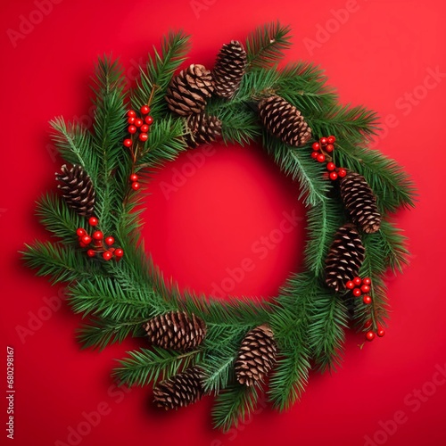 New Year's wreath made of coniferous spruce branches. New Year's decor. A wreath of green branches and cones on a red background, AI generator