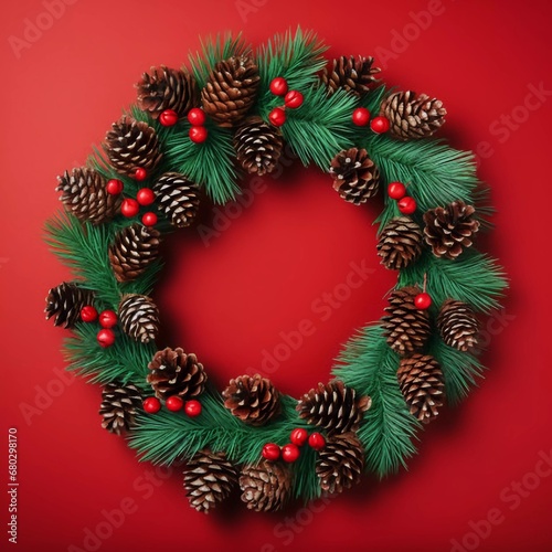 New Year's wreath made of coniferous spruce branches. New Year's decor. A wreath of green branches and cones on a red background, AI generator
