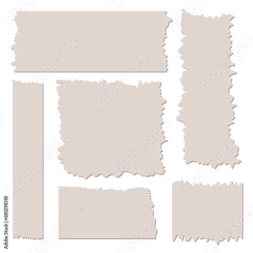 Set of brown paper sheets with shadows. Pieces of decorative tape for scrapbooks. Washi tapes collection in vector. Ripped paper. Torn pieces of paper from a notebook