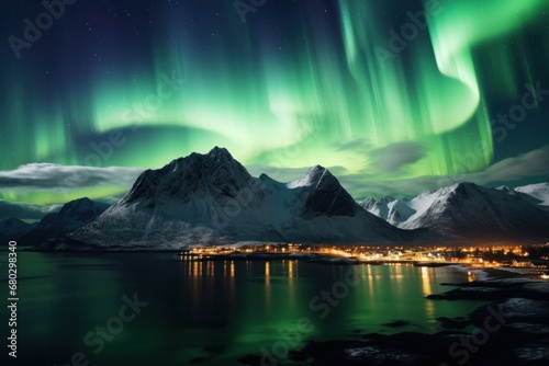 Northern Lights Over City, Lake and Mountains at Night