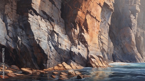 Capture the rough textures of a rocky cliff face in a coastal landscape.