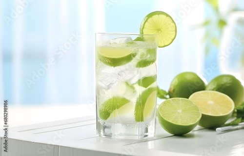 ice cubes, mint herb and fresh lime slices in glass on white wooden table