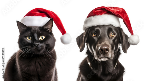 Santa Claus Hat Adorned Black Dog and Cat: A Christmas Pet Set isolated on transparent background - Generative AI  © Only Best PNG's