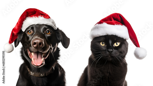 Festive Set of Black Dog and Cat Wearing Santa Claus Hat isolated on transparent background - Generative AI  © Only Best PNG's
