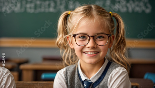 Happy schoolgirl with glasses on chalkboard background