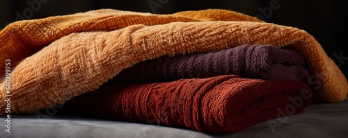 Focus on the cozy and inviting texture of a chenille blanket in a warm color palette. photo