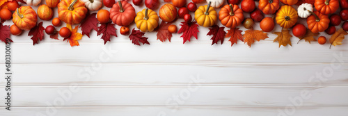 Festive Autumn Decor with Pumpkins, Berries, and Leaves on White Wooden Background