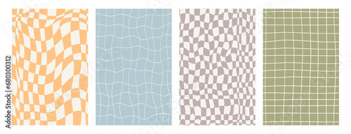 Set abstract groovy 70s seamless patterns. Checkerboard or pool hippie backgrounds. Y2k aesthetic. Vector texture.