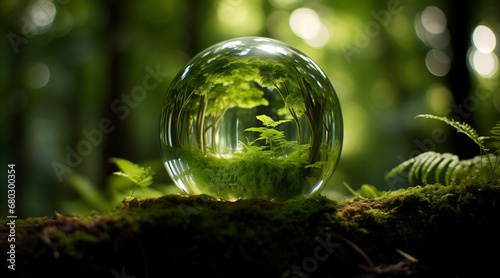 Glass globe encircled by verdant forest flora, symbolizing nature, environment, sustainability, ESG, and climate change awareness