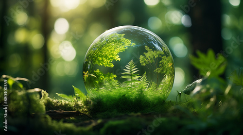 Glass globe encircled by verdant forest flora, symbolizing nature, environment, sustainability, ESG, and climate change awareness