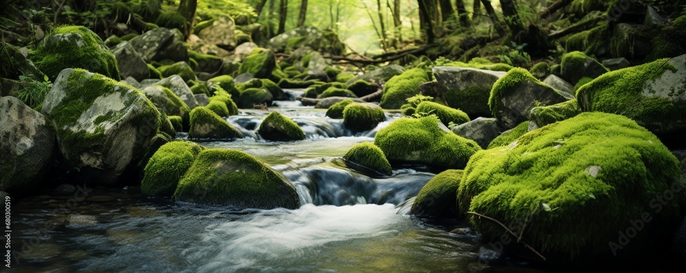 Focus on the textured patterns of a clear mountain stream running over mossy rocks. Focus on the textured patterns of a clear mountain stream running over mossy rocks.