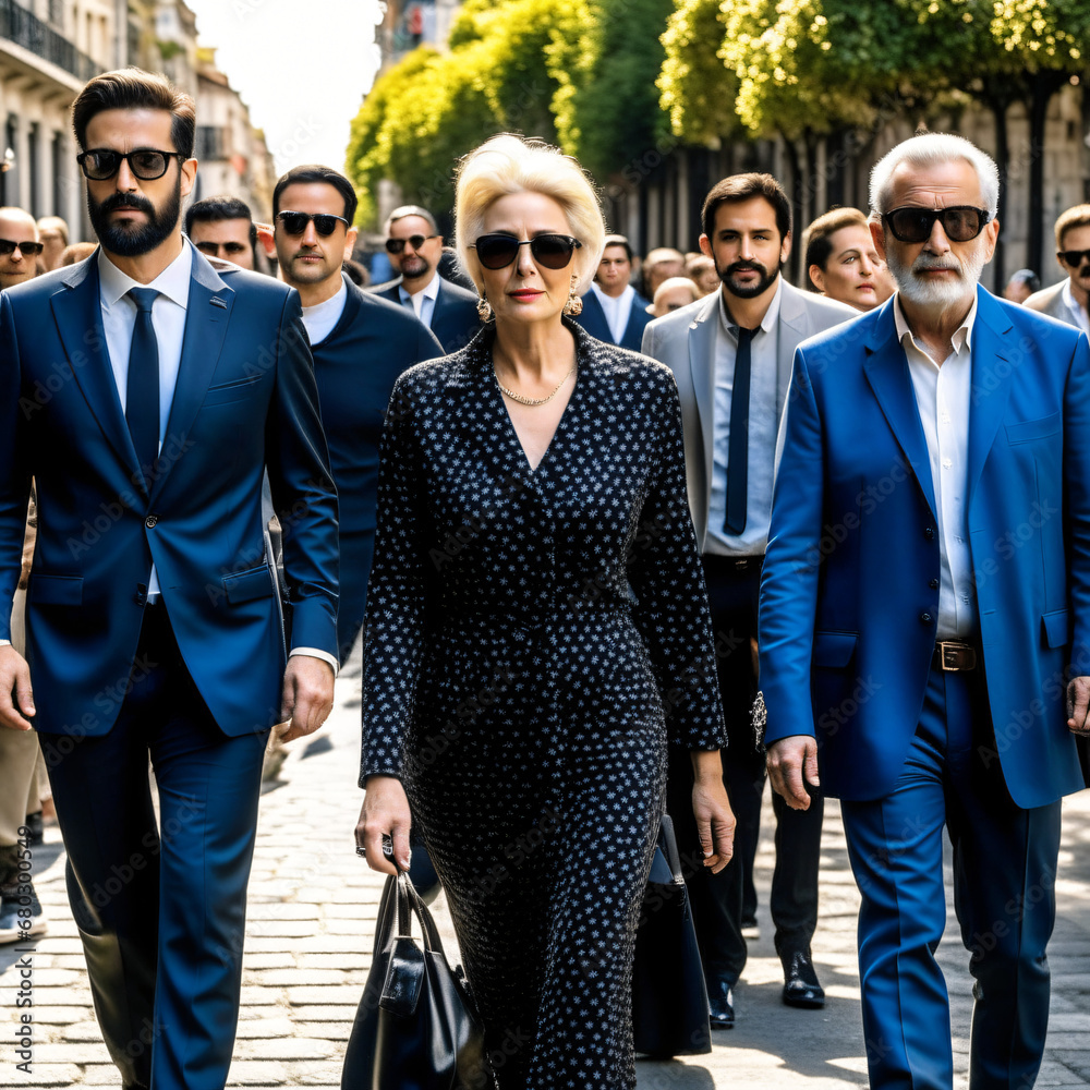 old elegant business lady marching along a street of a big city. she is surrounded by four bodyguards. They all wear sunglasses and have expressionless faces. - obrazy, fototapety, plakaty 