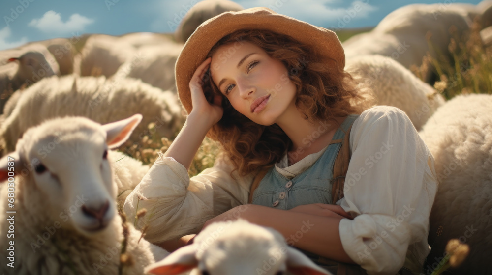 Young pretty cheerful peasant blond woman with lamb on countryside Young pretty cheerful peasant blond woman with lamb on countryside