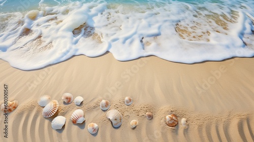 Focus on the textured patterns of a sandy beach with seashells and footprints.