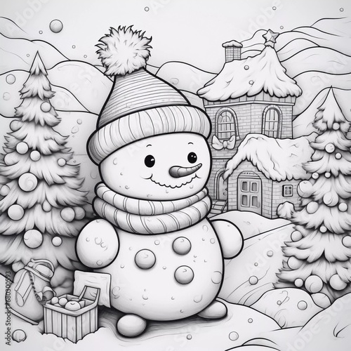 Cute snowman and Christmas tree in a snowy world. Black and white Christmas page coloring page, AI generator