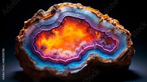 Glowing Geode  A mesmerizing geode slice with vibrant crystalline formations illuminated by soft light.