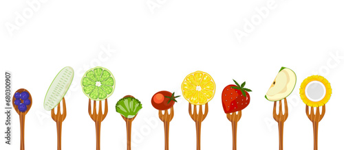 Healthy food fruit salad vector illustration Skewer on a fork, vegetarian food, vitamins and minerals for illustration on a light background, easy to edit.