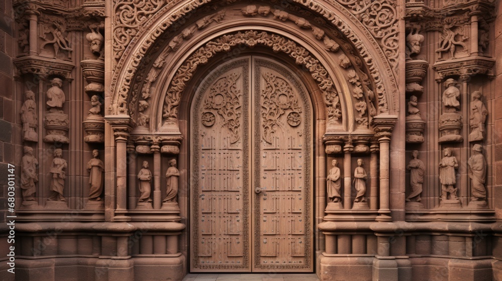 Highlight the intricate carvings on the door of an ornate cathedral.